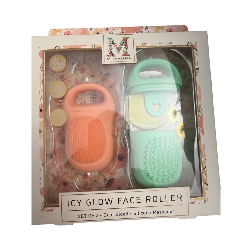 Mia Charro Icy Glow Face Roller Set of 2 Dual Sided Silicone Massager Mint Peach